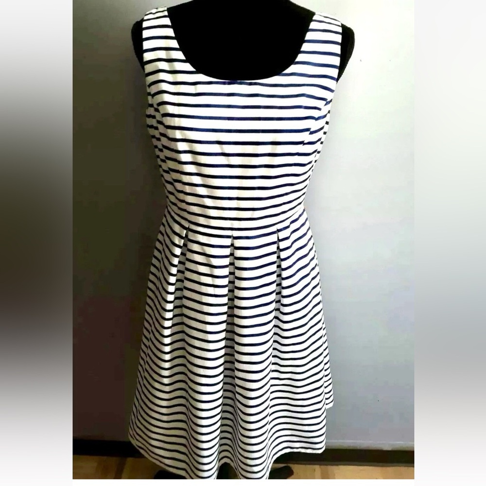 TIANA B. DRESS 100% COTTON FIT& FLARE A-LINE STRIPED LINED NAUTICAL BLUE WHT 10